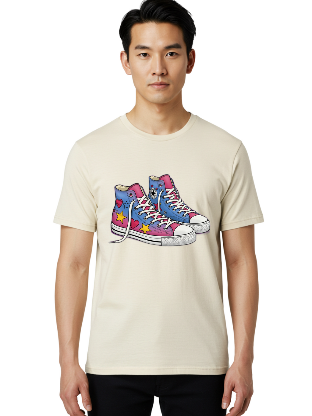 Custom-Converse Men'S Graphic Tee, 100% Cotton, Comfortable Casual Summer Wear, Machine Washable, Converse Shoes, High-Top Sneakers, Star And Heart Designs, Colorful Shoes, White Laces, Cartoon Style, Fashion Footwear, Custom Converse Baa429