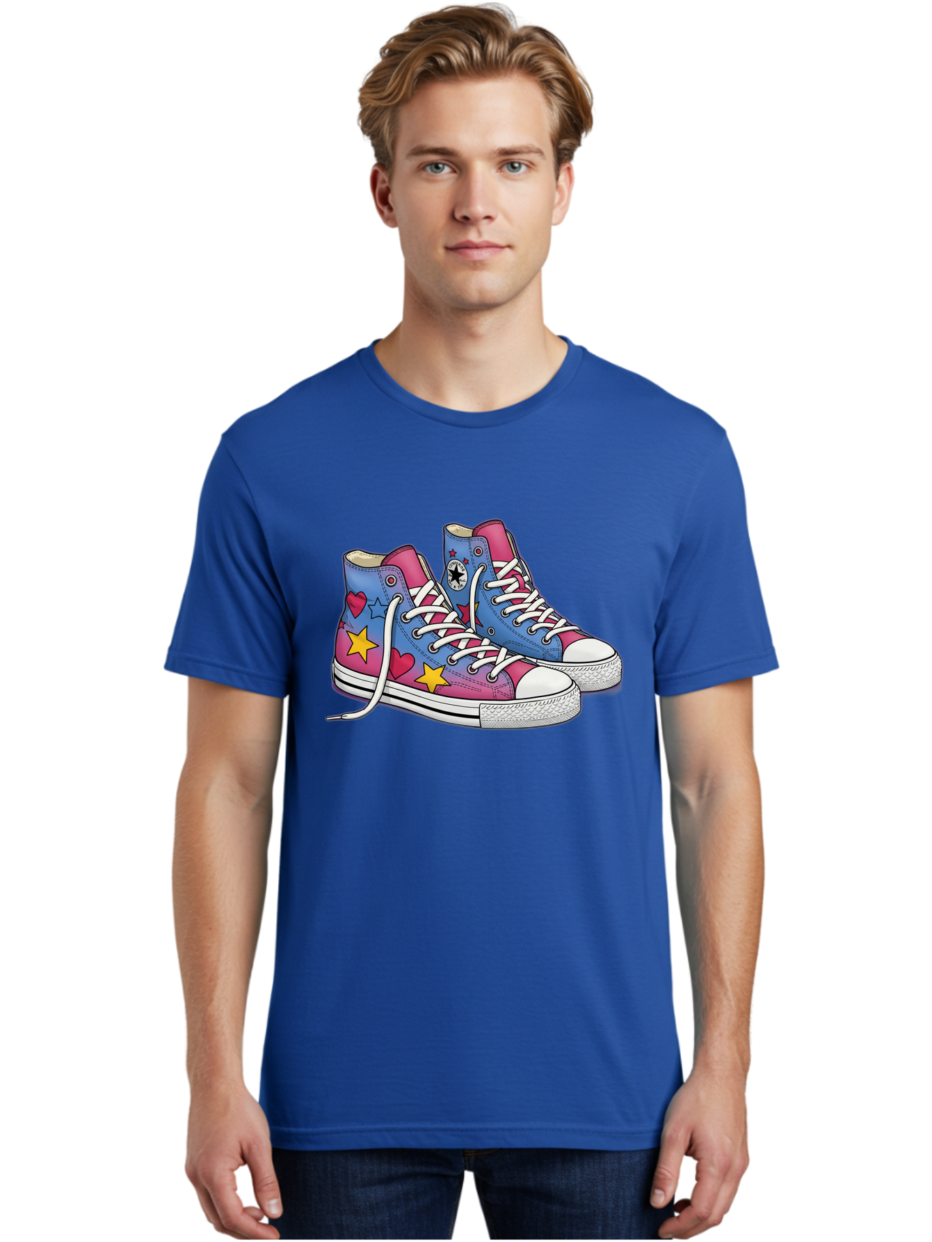 Custom-Converse Men'S Graphic Tee, 100% Cotton, Comfortable Casual Summer Wear, Machine Washable, Converse Shoes, High-Top Sneakers, Star And Heart Designs, Colorful Shoes, White Laces, Cartoon Style, Fashion Footwear, Custom Converse Baa429