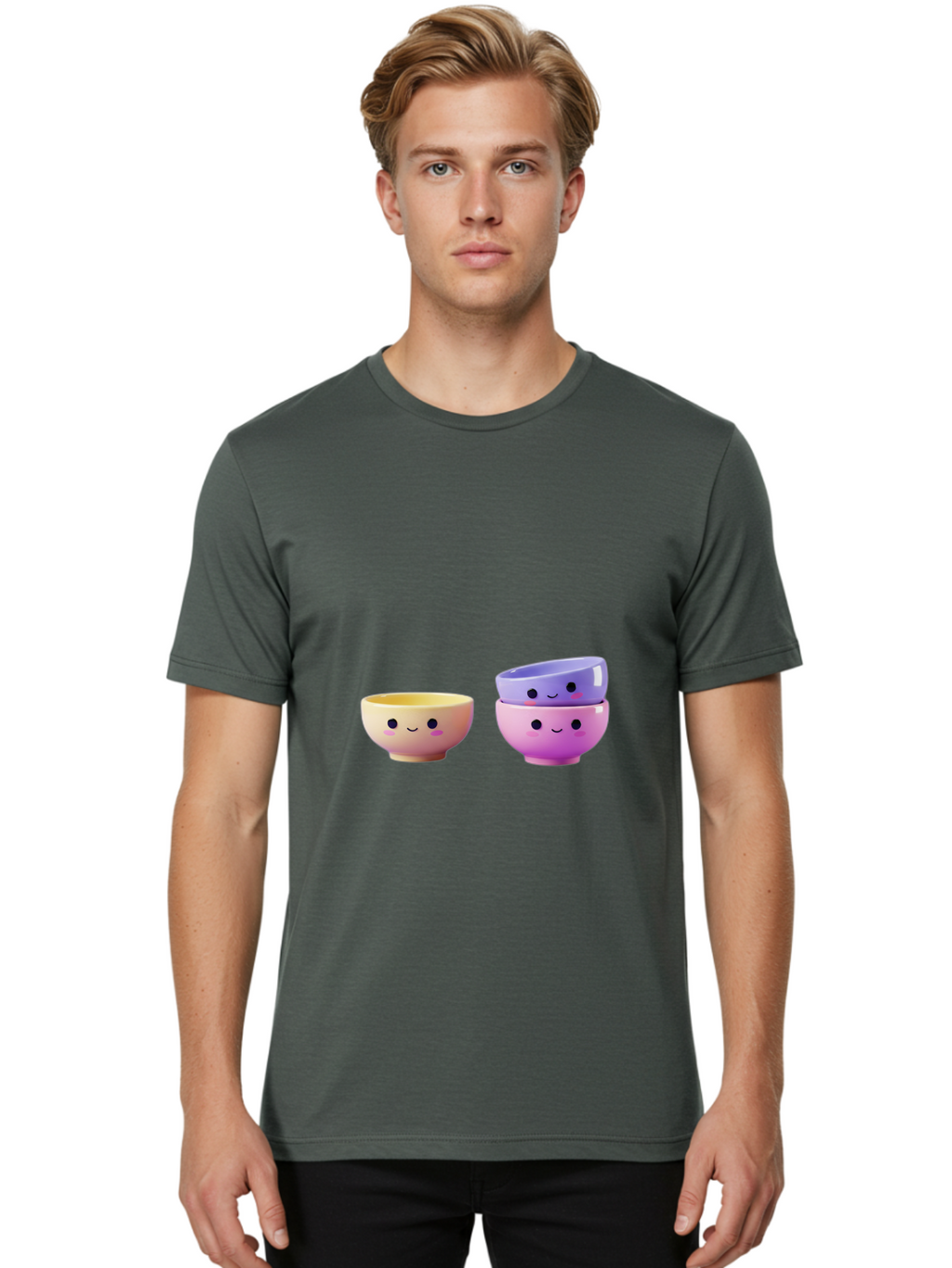 Cute-Bowls-1 Men'S Graphic Tee, 100% Cotton, Comfortable Casual Summer Wear, Machine Washable, Smiling Bowls, Colorful Bowls, Happy Kitchenware, Pastel Colors, Cute Tableware, Cartoon Bowls, Kitchen Decor, Adorable Ceramics, Playful Dishes, Baa430