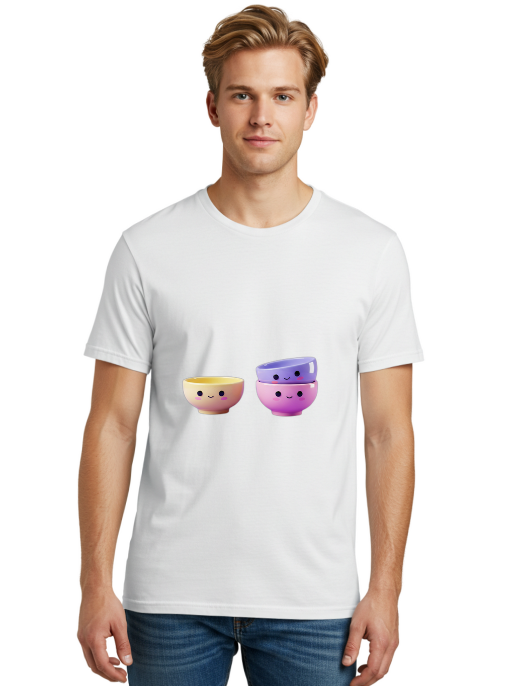 Cute-Bowls-1 Men'S Graphic Tee, 100% Cotton, Comfortable Casual Summer Wear, Machine Washable, Smiling Bowls, Colorful Bowls, Happy Kitchenware, Pastel Colors, Cute Tableware, Cartoon Bowls, Kitchen Decor, Adorable Ceramics, Playful Dishes, Baa430