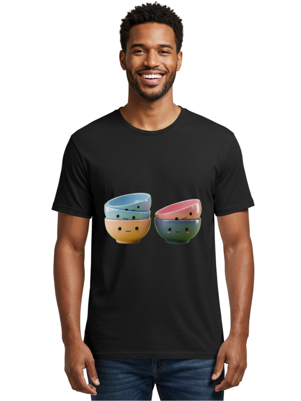 Cute-Bowls-2 Men'S Graphic Tee, 100% Cotton, Comfortable Casual Summer Wear, Machine Washable, Stacked Bowls, Ceramic Bowls, Cute Kitchenware, Adorable Faces, Colorful Tableware, Smiling Bowls, Pastel Colors, Kawaii Kitchen, Decorative Bowls, Baa431
