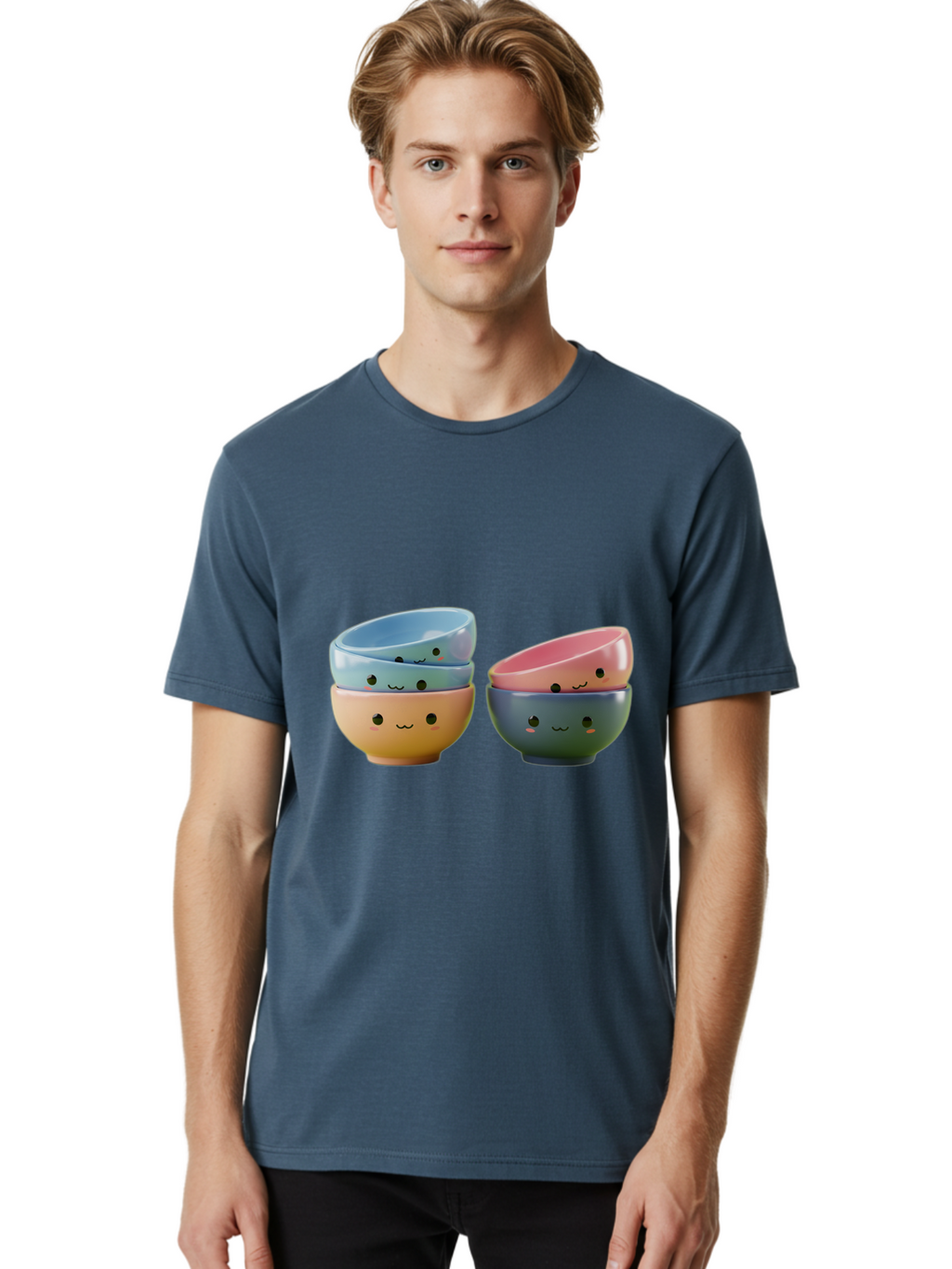 Cute-Bowls-2 Men'S Graphic Tee, 100% Cotton, Comfortable Casual Summer Wear, Machine Washable, Stacked Bowls, Ceramic Bowls, Cute Kitchenware, Adorable Faces, Colorful Tableware, Smiling Bowls, Pastel Colors, Kawaii Kitchen, Decorative Bowls, Baa431