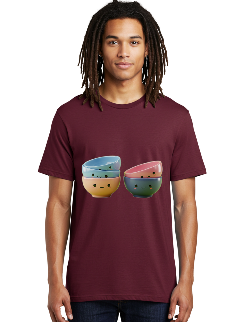 Cute-Bowls-2 Men'S Graphic Tee, 100% Cotton, Comfortable Casual Summer Wear, Machine Washable, Stacked Bowls, Ceramic Bowls, Cute Kitchenware, Adorable Faces, Colorful Tableware, Smiling Bowls, Pastel Colors, Kawaii Kitchen, Decorative Bowls, Baa431