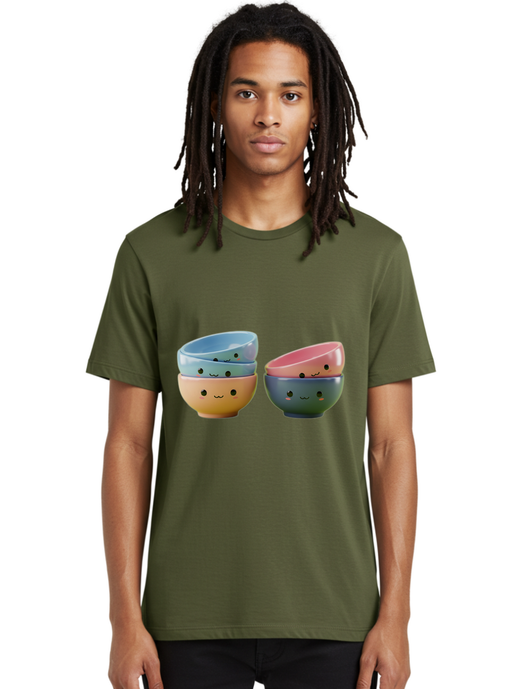 Cute-Bowls-2 Men'S Graphic Tee, 100% Cotton, Comfortable Casual Summer Wear, Machine Washable, Stacked Bowls, Ceramic Bowls, Cute Kitchenware, Adorable Faces, Colorful Tableware, Smiling Bowls, Pastel Colors, Kawaii Kitchen, Decorative Bowls, Baa431