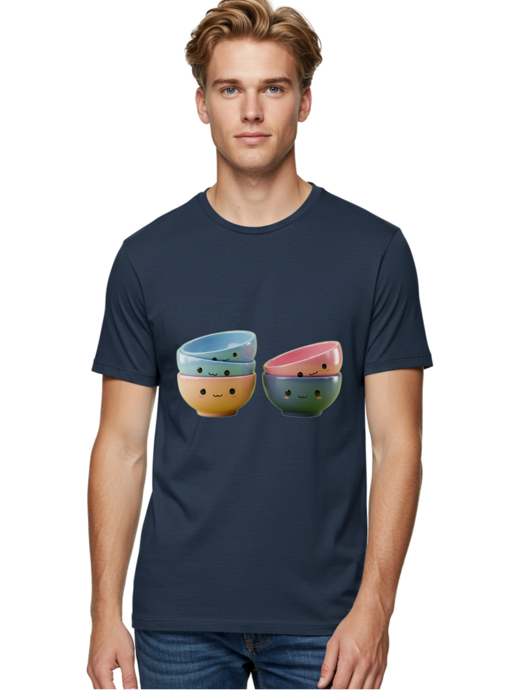 Cute-Bowls-2 Men'S Graphic Tee, 100% Cotton, Comfortable Casual Summer Wear, Machine Washable, Stacked Bowls, Ceramic Bowls, Cute Kitchenware, Adorable Faces, Colorful Tableware, Smiling Bowls, Pastel Colors, Kawaii Kitchen, Decorative Bowls, Baa431