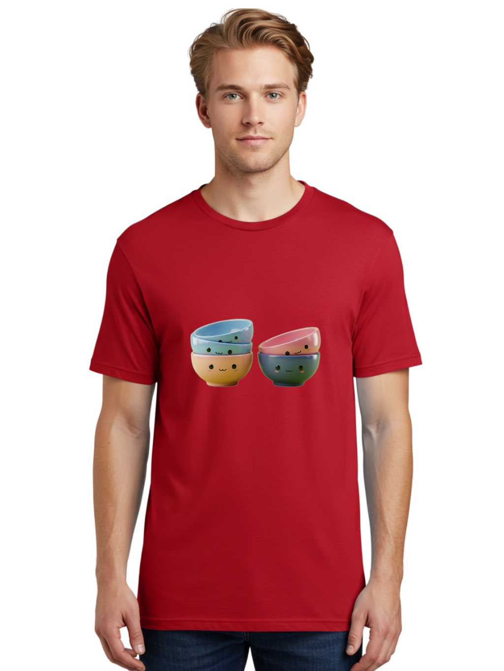 Cute-Bowls-2 Men'S Graphic Tee, 100% Cotton, Comfortable Casual Summer Wear, Machine Washable, Stacked Bowls, Ceramic Bowls, Cute Kitchenware, Adorable Faces, Colorful Tableware, Smiling Bowls, Pastel Colors, Kawaii Kitchen, Decorative Bowls, Baa431