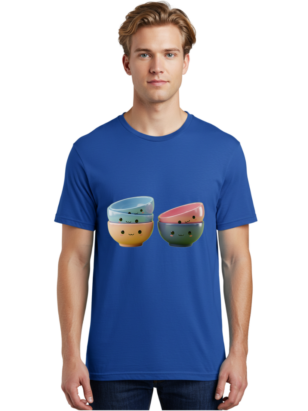 Cute-Bowls-2 Men'S Graphic Tee, 100% Cotton, Comfortable Casual Summer Wear, Machine Washable, Stacked Bowls, Ceramic Bowls, Cute Kitchenware, Adorable Faces, Colorful Tableware, Smiling Bowls, Pastel Colors, Kawaii Kitchen, Decorative Bowls, Baa431
