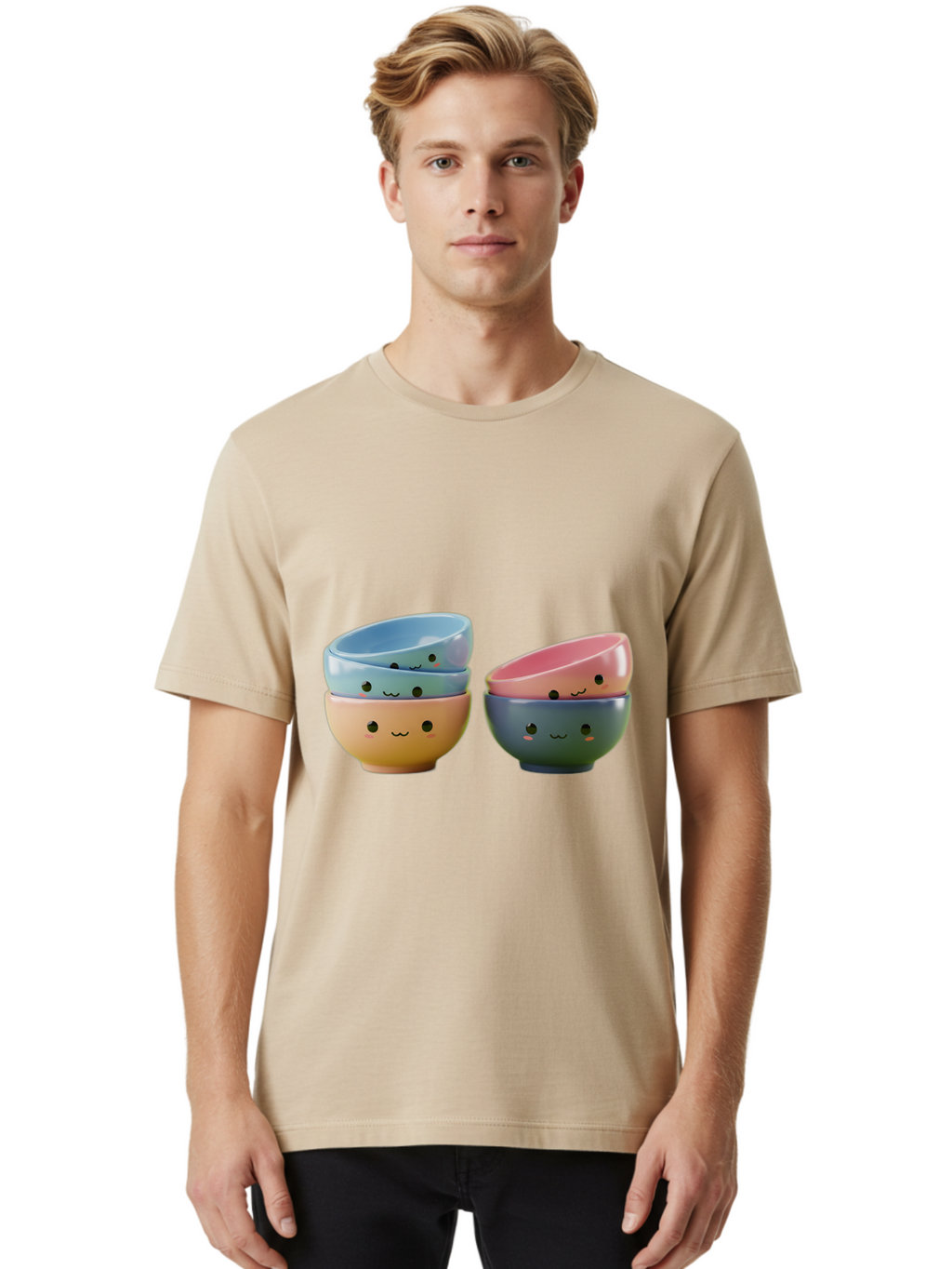 Cute-Bowls-2 Men'S Graphic Tee, 100% Cotton, Comfortable Casual Summer Wear, Machine Washable, Stacked Bowls, Ceramic Bowls, Cute Kitchenware, Adorable Faces, Colorful Tableware, Smiling Bowls, Pastel Colors, Kawaii Kitchen, Decorative Bowls, Baa431