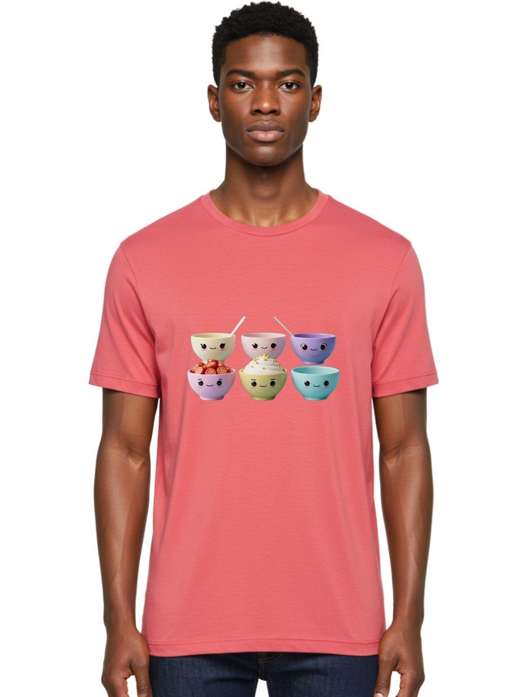 Cute-Bowls Men'S Graphic Tee, 100% Cotton, Comfortable Casual Summer Wear, Machine Washable, Cute Bowls, Dessert Bowls, Ice Cream Bowls, Cartoon Faces, Pastel Colors, Smiling Bowls, Food Bowls, Sweet Treats, Yogurt Bowls, Cartoon Desserts Baa432