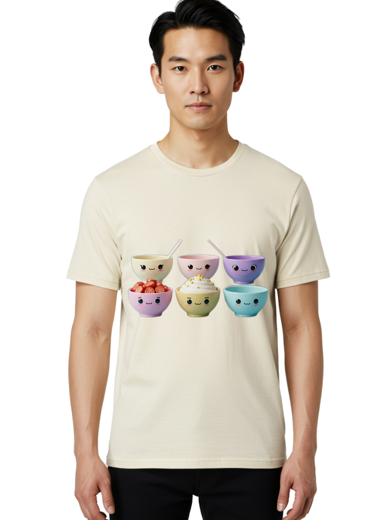 Cute-Bowls Men'S Graphic Tee, 100% Cotton, Comfortable Casual Summer Wear, Machine Washable, Cute Bowls, Dessert Bowls, Ice Cream Bowls, Cartoon Faces, Pastel Colors, Smiling Bowls, Food Bowls, Sweet Treats, Yogurt Bowls, Cartoon Desserts Baa432