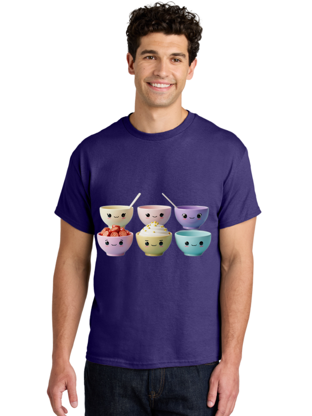 Cute-Bowls Men'S Graphic Tee, 100% Cotton, Comfortable Casual Summer Wear, Machine Washable, Cute Bowls, Dessert Bowls, Ice Cream Bowls, Cartoon Faces, Pastel Colors, Smiling Bowls, Food Bowls, Sweet Treats, Yogurt Bowls, Cartoon Desserts Baa432