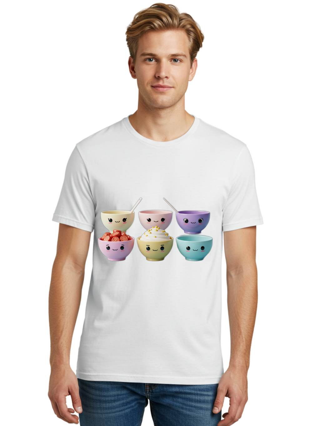 Cute-Bowls Men'S Graphic Tee, 100% Cotton, Comfortable Casual Summer Wear, Machine Washable, Cute Bowls, Dessert Bowls, Ice Cream Bowls, Cartoon Faces, Pastel Colors, Smiling Bowls, Food Bowls, Sweet Treats, Yogurt Bowls, Cartoon Desserts Baa432