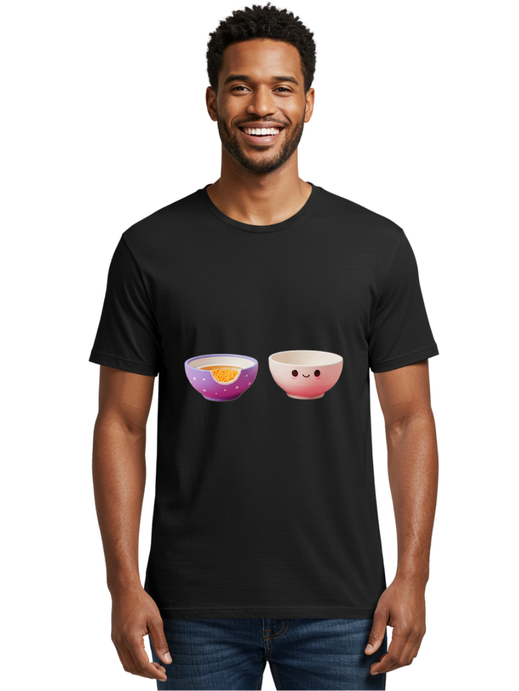 Cute-Ceramic-Bowls Men'S Graphic Tee, 100% Cotton, Comfortable Casual Summer Wear, Machine Washable, Kawaii Bowls, Happy Face, Cartoon Design, Ceramic Bowls, Minimalist Art, Cute Kitchenware, Breakfast Bowls, Dessert Bowls, Funny Faces, Baa433