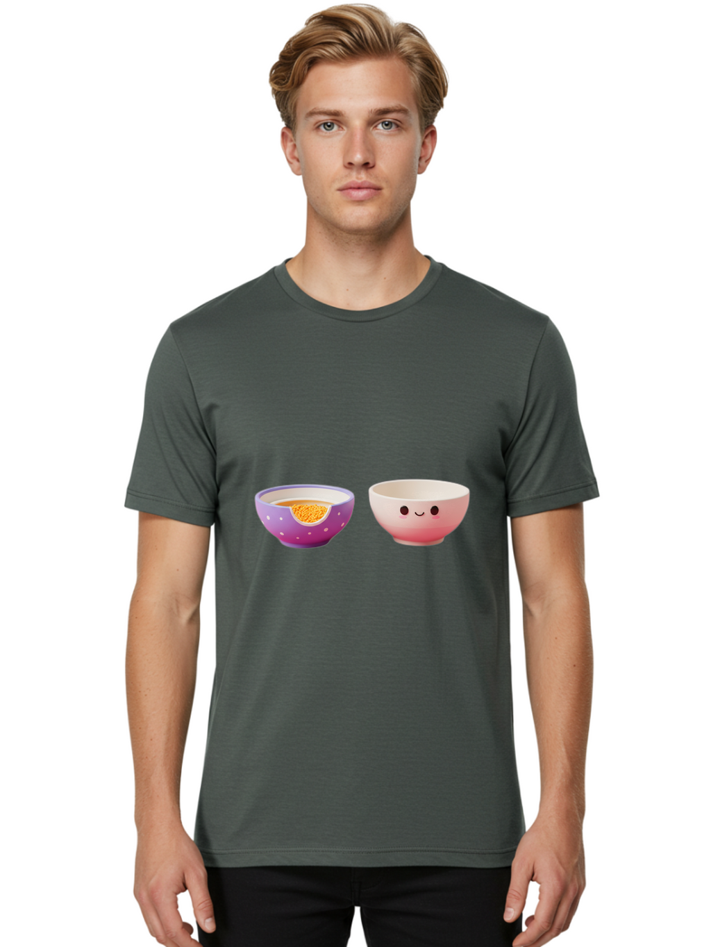 Cute-Ceramic-Bowls Men'S Graphic Tee, 100% Cotton, Comfortable Casual Summer Wear, Machine Washable, Kawaii Bowls, Happy Face, Cartoon Design, Ceramic Bowls, Minimalist Art, Cute Kitchenware, Breakfast Bowls, Dessert Bowls, Funny Faces, Baa433