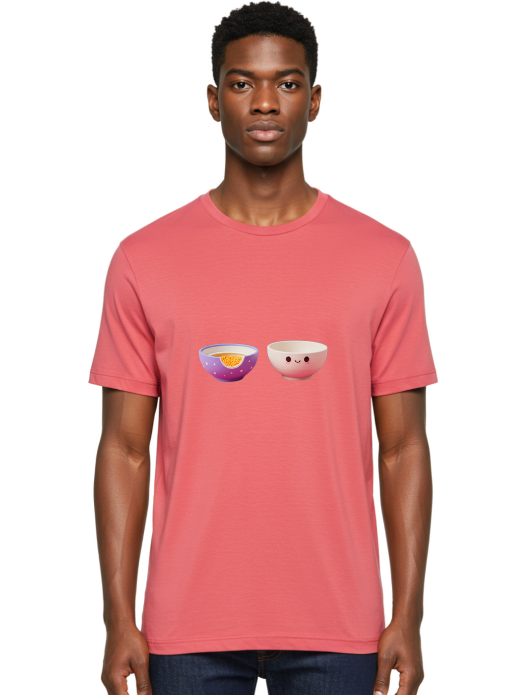 Cute-Ceramic-Bowls Men'S Graphic Tee, 100% Cotton, Comfortable Casual Summer Wear, Machine Washable, Kawaii Bowls, Happy Face, Cartoon Design, Ceramic Bowls, Minimalist Art, Cute Kitchenware, Breakfast Bowls, Dessert Bowls, Funny Faces, Baa433