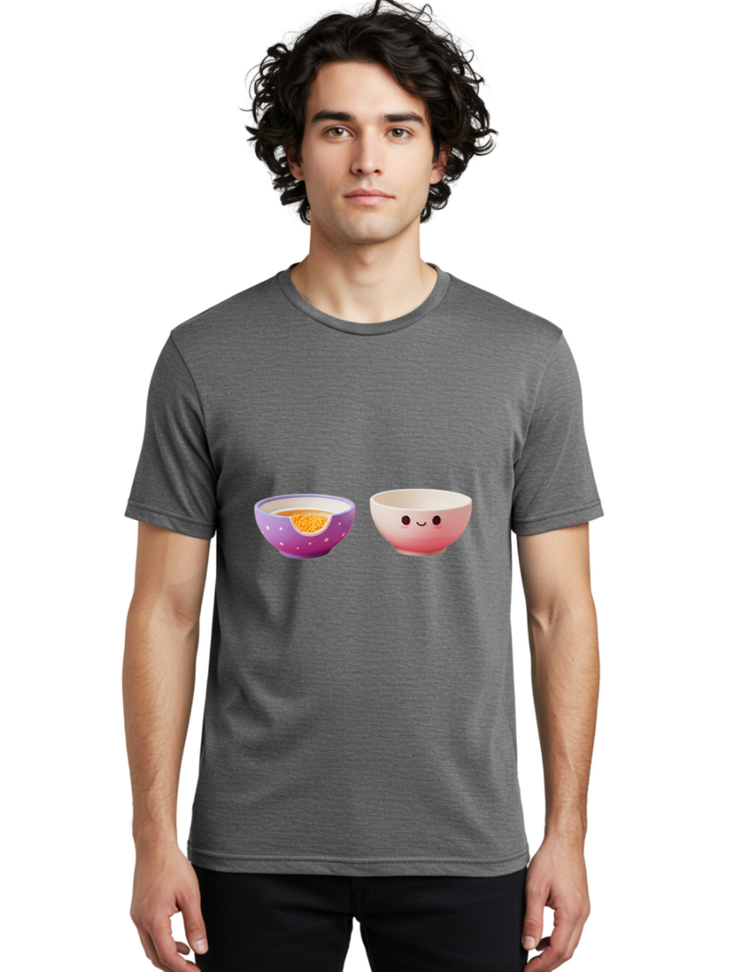 Cute-Ceramic-Bowls Men'S Graphic Tee, 100% Cotton, Comfortable Casual Summer Wear, Machine Washable, Kawaii Bowls, Happy Face, Cartoon Design, Ceramic Bowls, Minimalist Art, Cute Kitchenware, Breakfast Bowls, Dessert Bowls, Funny Faces, Baa433