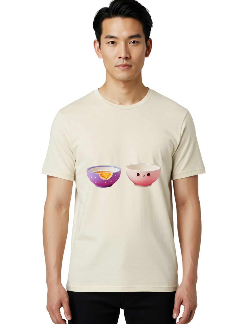Cute-Ceramic-Bowls Men'S Graphic Tee, 100% Cotton, Comfortable Casual Summer Wear, Machine Washable, Kawaii Bowls, Happy Face, Cartoon Design, Ceramic Bowls, Minimalist Art, Cute Kitchenware, Breakfast Bowls, Dessert Bowls, Funny Faces, Baa433