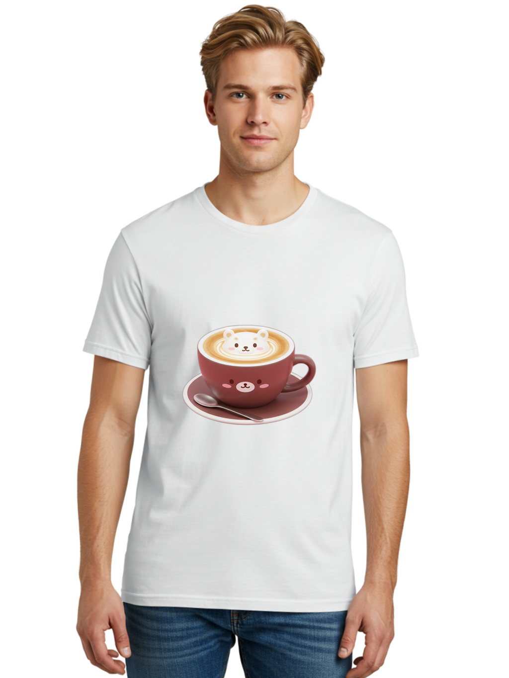 Cute-Coffee-Bear Men'S Graphic Tee, 100% Cotton, Comfortable Casual Summer Wear, Machine Washable, Coffee Latte Art, Bear Design, Cartoon Character, Coffee Cup, Saucer, Spoon, Cute Illustration, Kawaii, Morning Coffee, Bear Face Baa434