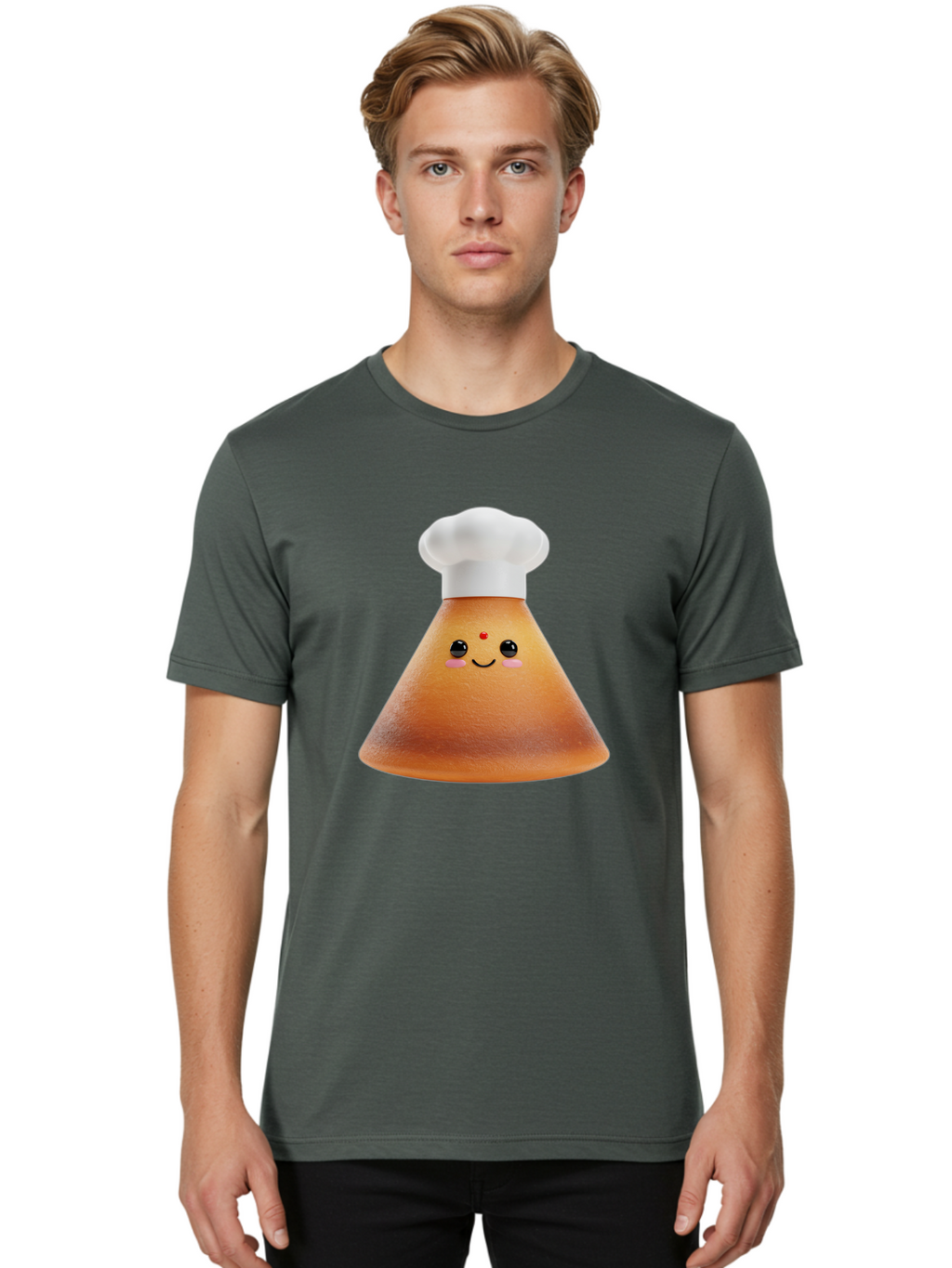 Cute-Cone-Dosa Men'S Graphic Tee, 100% Cotton, Comfortable Casual Summer Wear, Machine Washable, Cartoon Character, Indian Cuisine, Chef Hat, Conical Shape, Smiling Face, Red Bindi, Cute Expression, Rosy Cheeks, Playful Vibe, Baa435