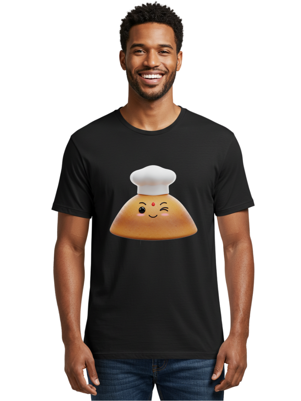 Cute-Dosa Men'S Graphic Tee, 100% Cotton, Comfortable Casual Summer Wear, Machine Washable, Cartoon Samosa, Chef Hat, Smiling Face, Cute Character, Playful Design, Food Illustration, Winking Eye, Red Bindi, Rosy Cheeks, Whimsical Art Baa436