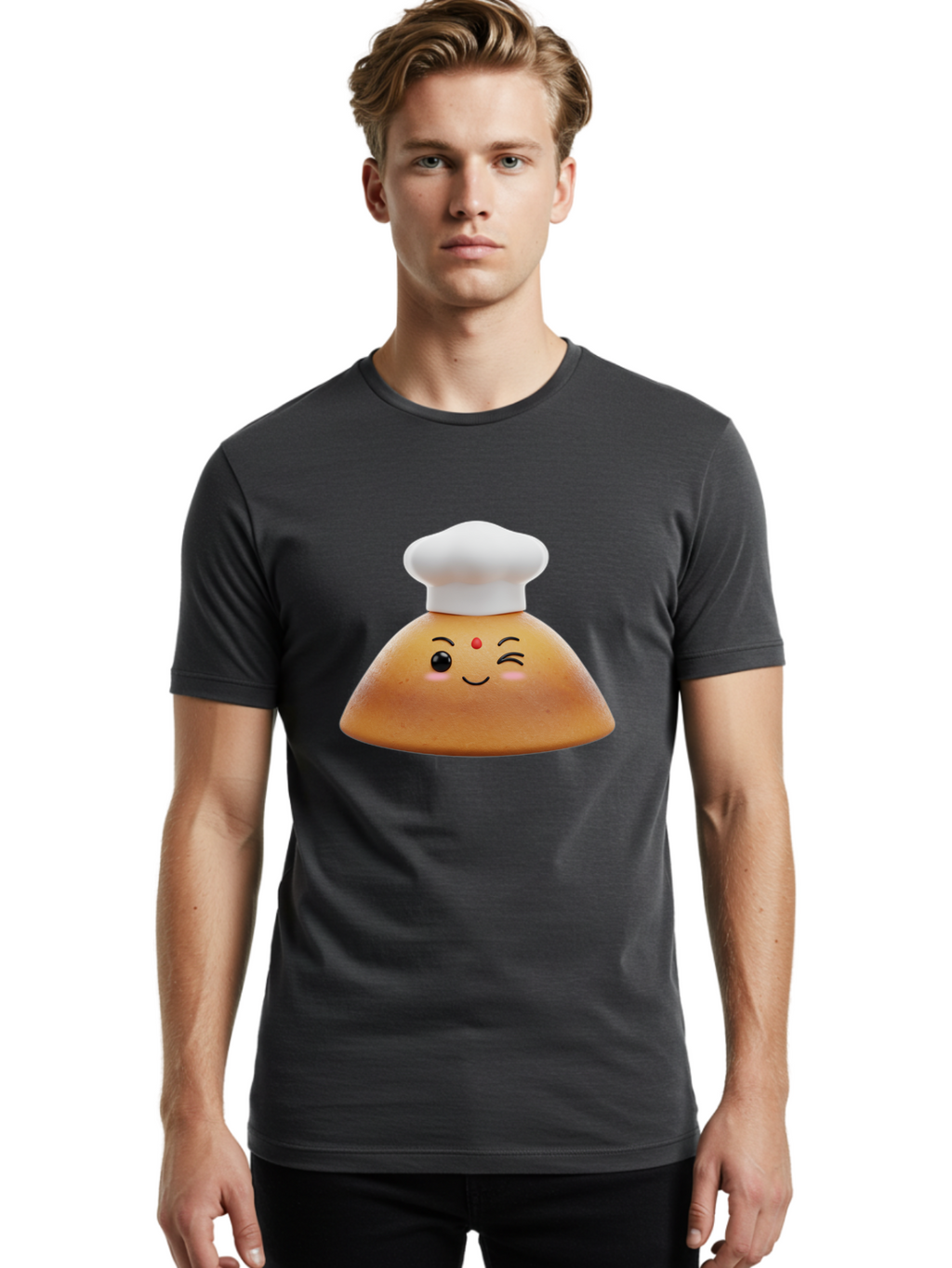 Cute-Dosa Men'S Graphic Tee, 100% Cotton, Comfortable Casual Summer Wear, Machine Washable, Cartoon Samosa, Chef Hat, Smiling Face, Cute Character, Playful Design, Food Illustration, Winking Eye, Red Bindi, Rosy Cheeks, Whimsical Art Baa436