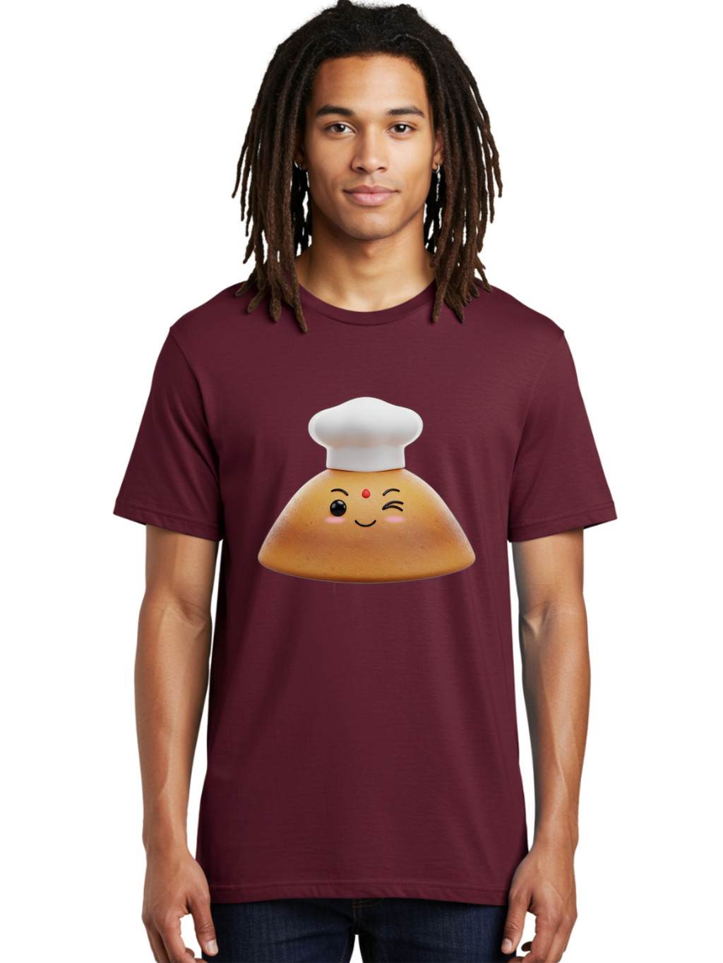 Cute-Dosa Men'S Graphic Tee, 100% Cotton, Comfortable Casual Summer Wear, Machine Washable, Cartoon Samosa, Chef Hat, Smiling Face, Cute Character, Playful Design, Food Illustration, Winking Eye, Red Bindi, Rosy Cheeks, Whimsical Art Baa436
