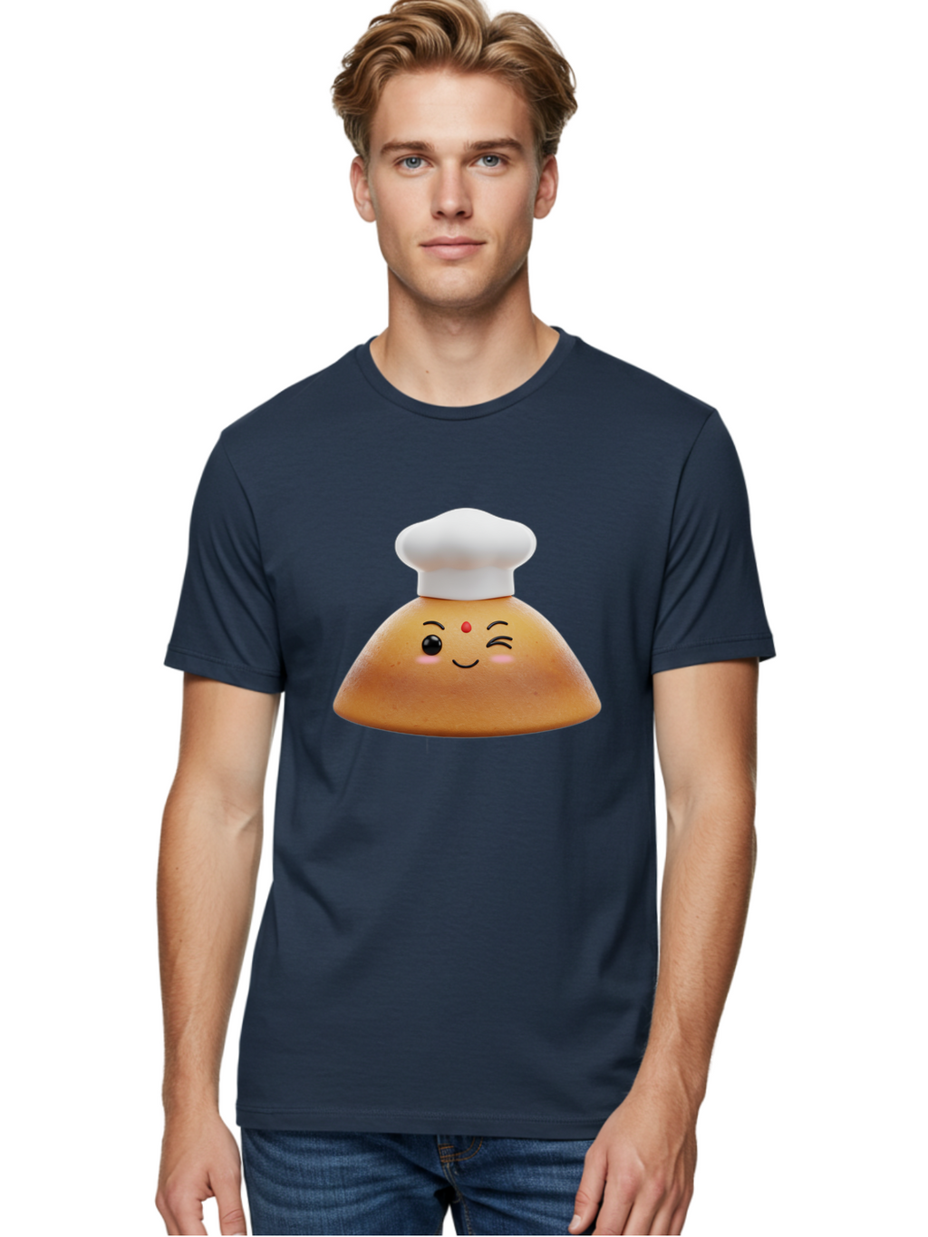 Cute-Dosa Men'S Graphic Tee, 100% Cotton, Comfortable Casual Summer Wear, Machine Washable, Cartoon Samosa, Chef Hat, Smiling Face, Cute Character, Playful Design, Food Illustration, Winking Eye, Red Bindi, Rosy Cheeks, Whimsical Art Baa436
