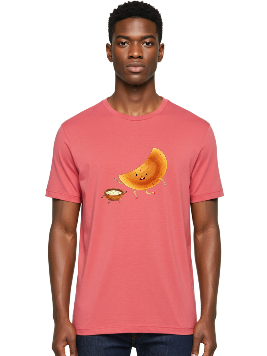Dancing-Dosa Men'S Graphic Tee, 100% Cotton, Comfortable Casual Summer Wear, Machine Washable, Happy Papadum, Cartoon Character, Papadum With Legs, Papadum And Chutney, Indian Cuisine, Smiling Papadum, Anthropomorphic Food, Baa440