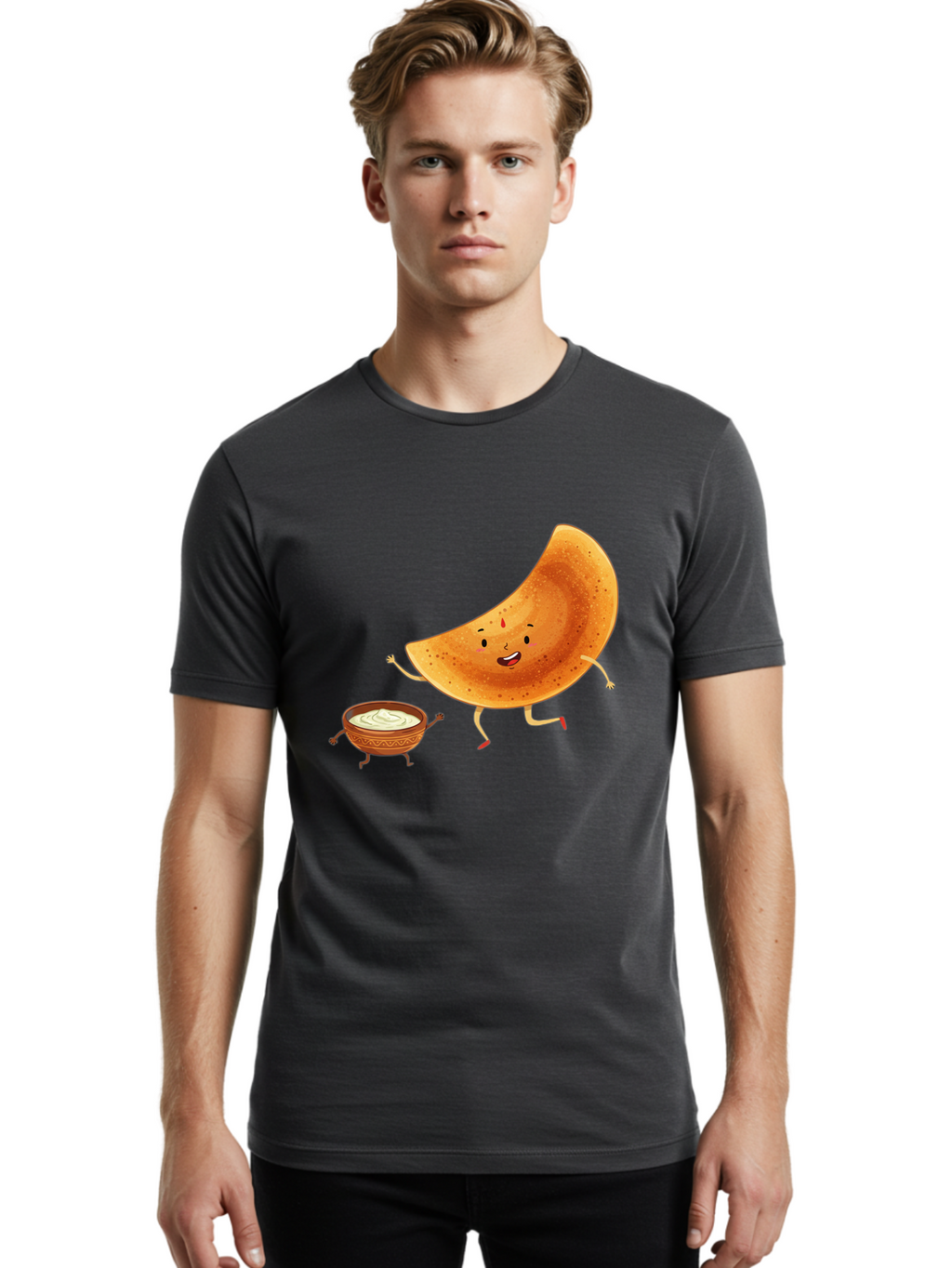 Dancing-Dosa Men'S Graphic Tee, 100% Cotton, Comfortable Casual Summer Wear, Machine Washable, Happy Papadum, Cartoon Character, Papadum With Legs, Papadum And Chutney, Indian Cuisine, Smiling Papadum, Anthropomorphic Food, Baa440
