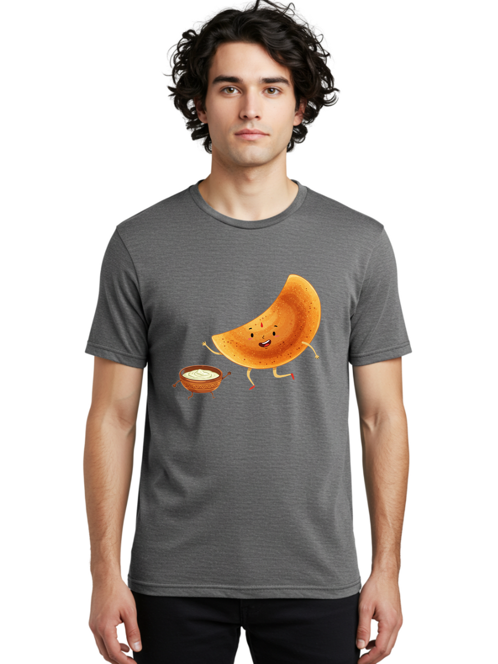 Dancing-Dosa Men'S Graphic Tee, 100% Cotton, Comfortable Casual Summer Wear, Machine Washable, Happy Papadum, Cartoon Character, Papadum With Legs, Papadum And Chutney, Indian Cuisine, Smiling Papadum, Anthropomorphic Food, Baa440
