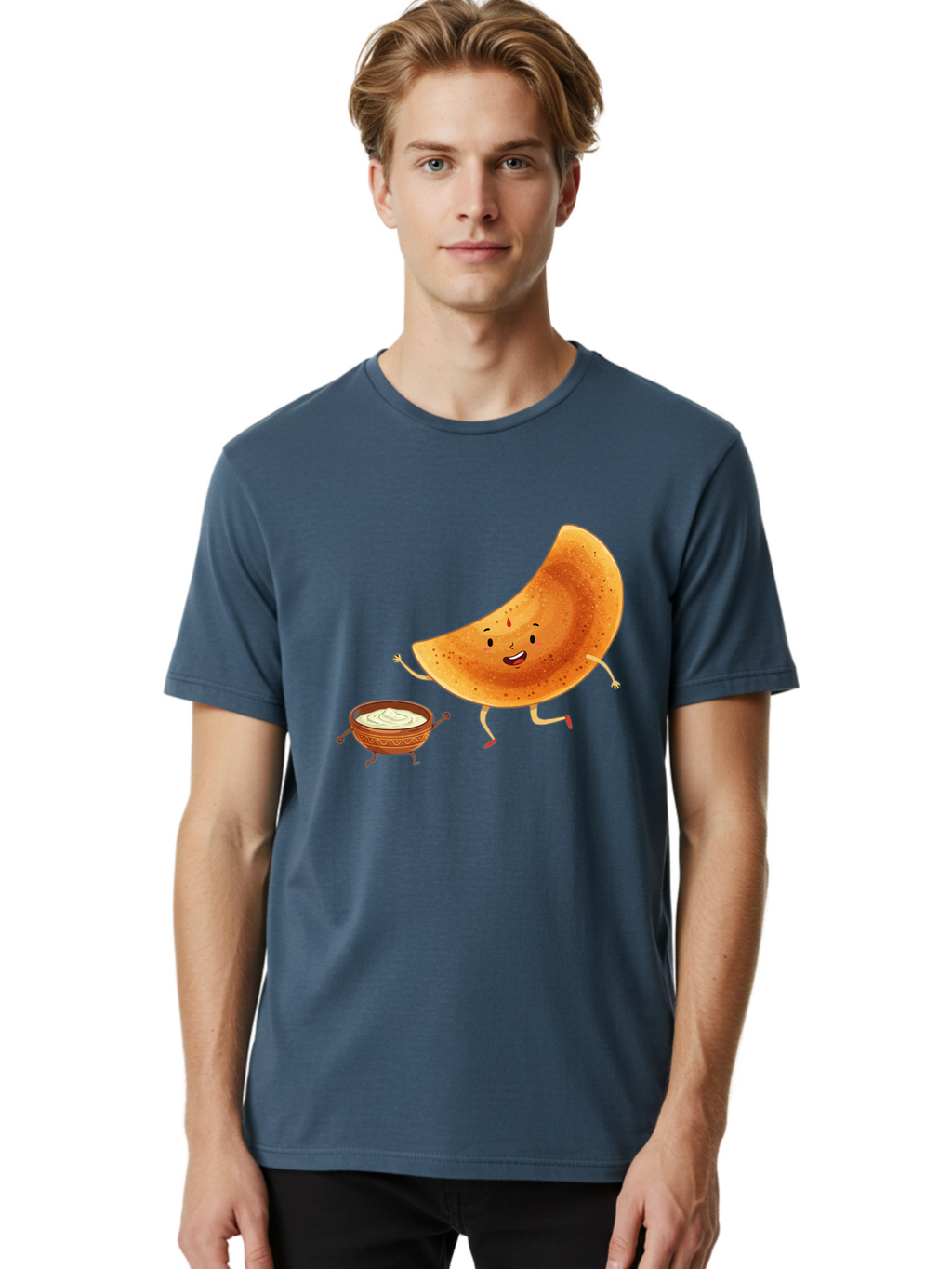 Dancing-Dosa Men'S Graphic Tee, 100% Cotton, Comfortable Casual Summer Wear, Machine Washable, Happy Papadum, Cartoon Character, Papadum With Legs, Papadum And Chutney, Indian Cuisine, Smiling Papadum, Anthropomorphic Food, Baa440