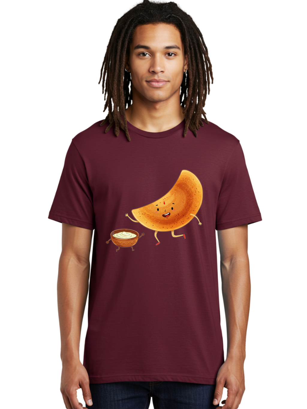 Dancing-Dosa Men'S Graphic Tee, 100% Cotton, Comfortable Casual Summer Wear, Machine Washable, Happy Papadum, Cartoon Character, Papadum With Legs, Papadum And Chutney, Indian Cuisine, Smiling Papadum, Anthropomorphic Food, Baa440