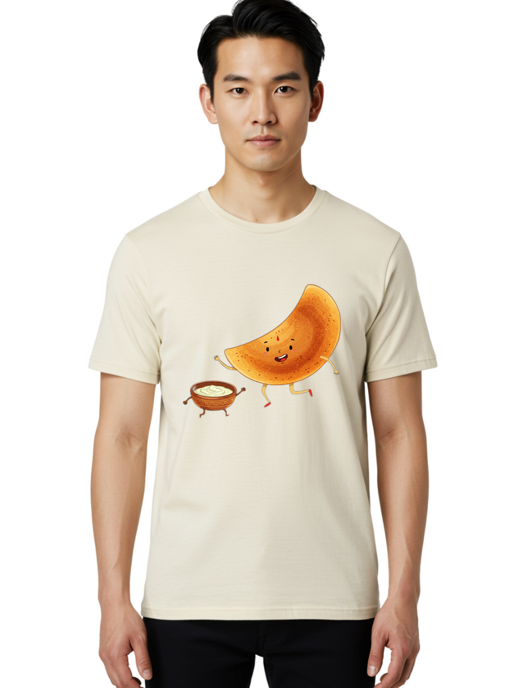 Dancing-Dosa Men'S Graphic Tee, 100% Cotton, Comfortable Casual Summer Wear, Machine Washable, Happy Papadum, Cartoon Character, Papadum With Legs, Papadum And Chutney, Indian Cuisine, Smiling Papadum, Anthropomorphic Food, Baa440
