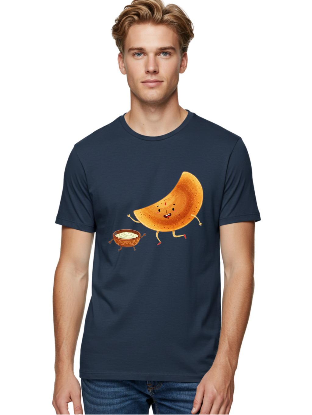 Dancing-Dosa Men'S Graphic Tee, 100% Cotton, Comfortable Casual Summer Wear, Machine Washable, Happy Papadum, Cartoon Character, Papadum With Legs, Papadum And Chutney, Indian Cuisine, Smiling Papadum, Anthropomorphic Food, Baa440