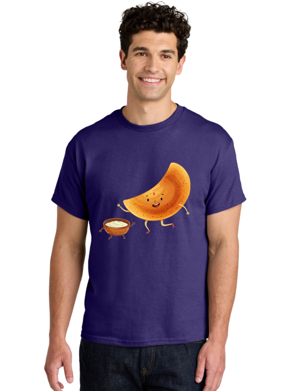 Dancing-Dosa Men'S Graphic Tee, 100% Cotton, Comfortable Casual Summer Wear, Machine Washable, Happy Papadum, Cartoon Character, Papadum With Legs, Papadum And Chutney, Indian Cuisine, Smiling Papadum, Anthropomorphic Food, Baa440