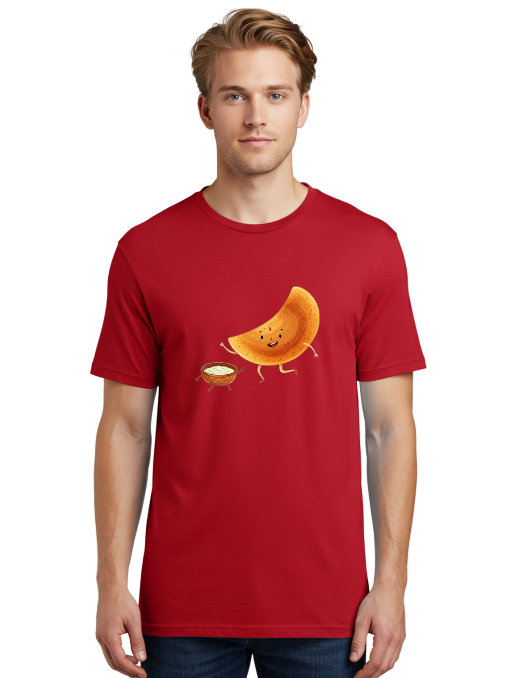 Dancing-Dosa Men'S Graphic Tee, 100% Cotton, Comfortable Casual Summer Wear, Machine Washable, Happy Papadum, Cartoon Character, Papadum With Legs, Papadum And Chutney, Indian Cuisine, Smiling Papadum, Anthropomorphic Food, Baa440