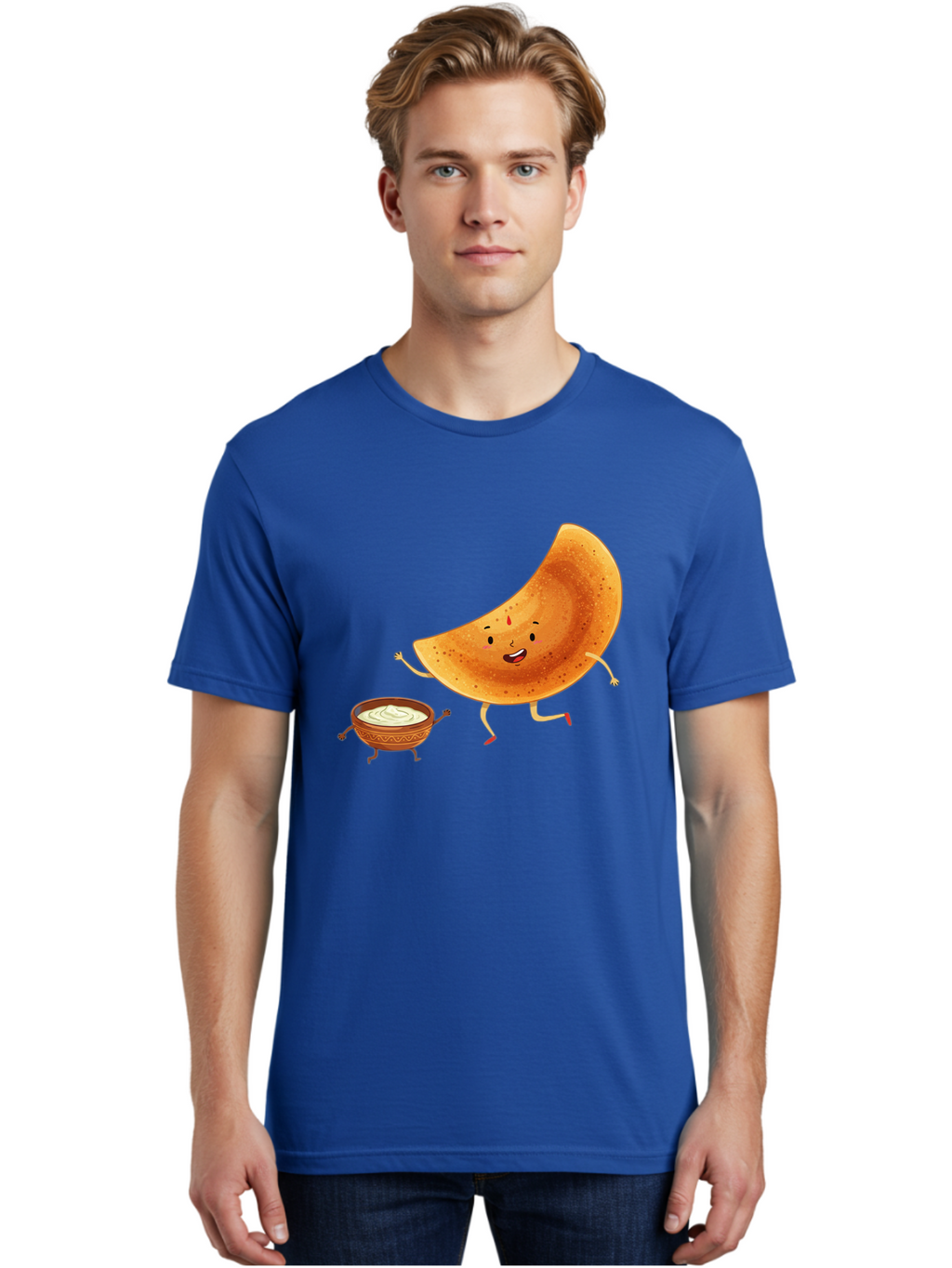 Dancing-Dosa Men'S Graphic Tee, 100% Cotton, Comfortable Casual Summer Wear, Machine Washable, Happy Papadum, Cartoon Character, Papadum With Legs, Papadum And Chutney, Indian Cuisine, Smiling Papadum, Anthropomorphic Food, Baa440