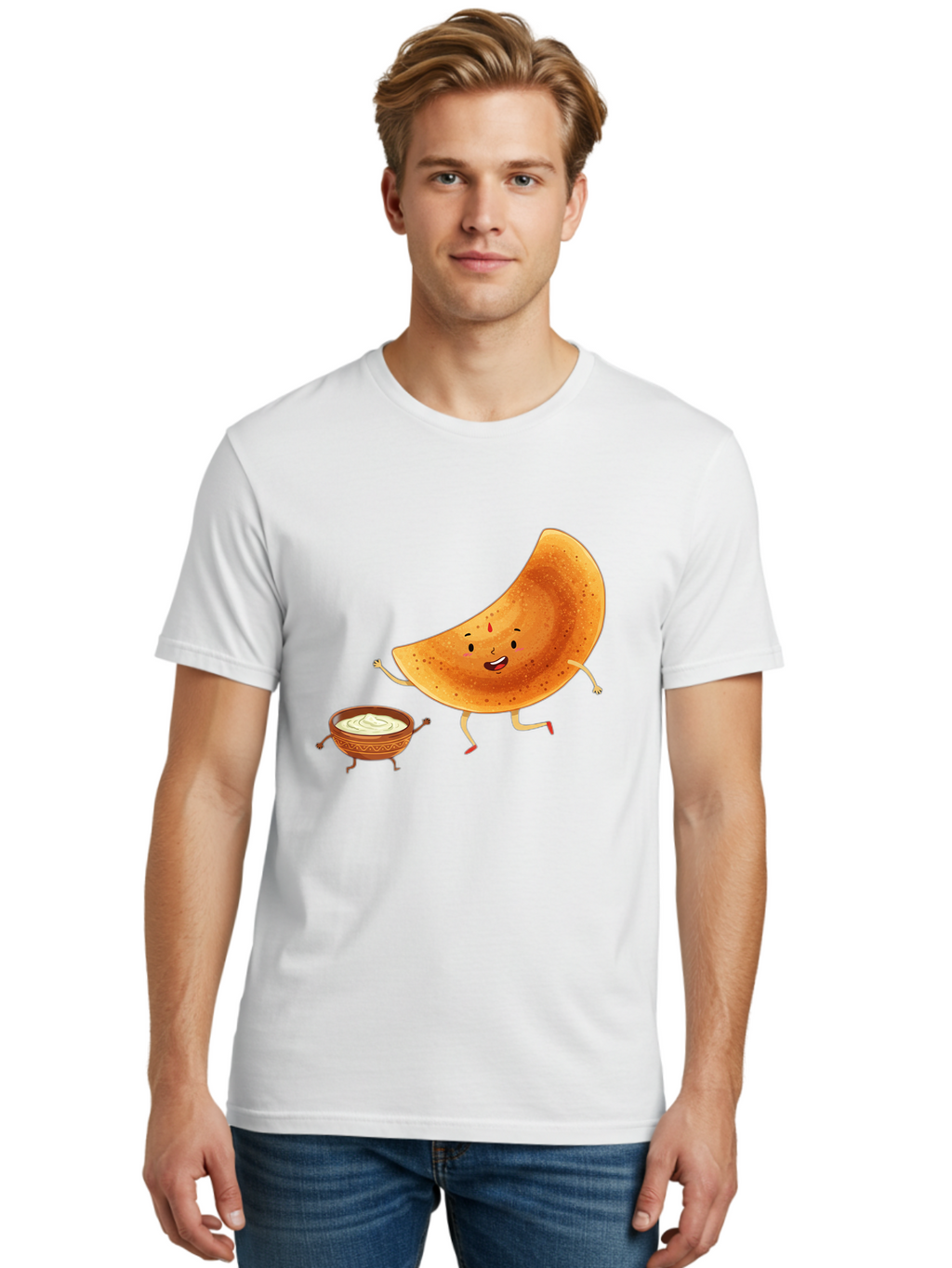 Dancing-Dosa Men'S Graphic Tee, 100% Cotton, Comfortable Casual Summer Wear, Machine Washable, Happy Papadum, Cartoon Character, Papadum With Legs, Papadum And Chutney, Indian Cuisine, Smiling Papadum, Anthropomorphic Food, Baa440