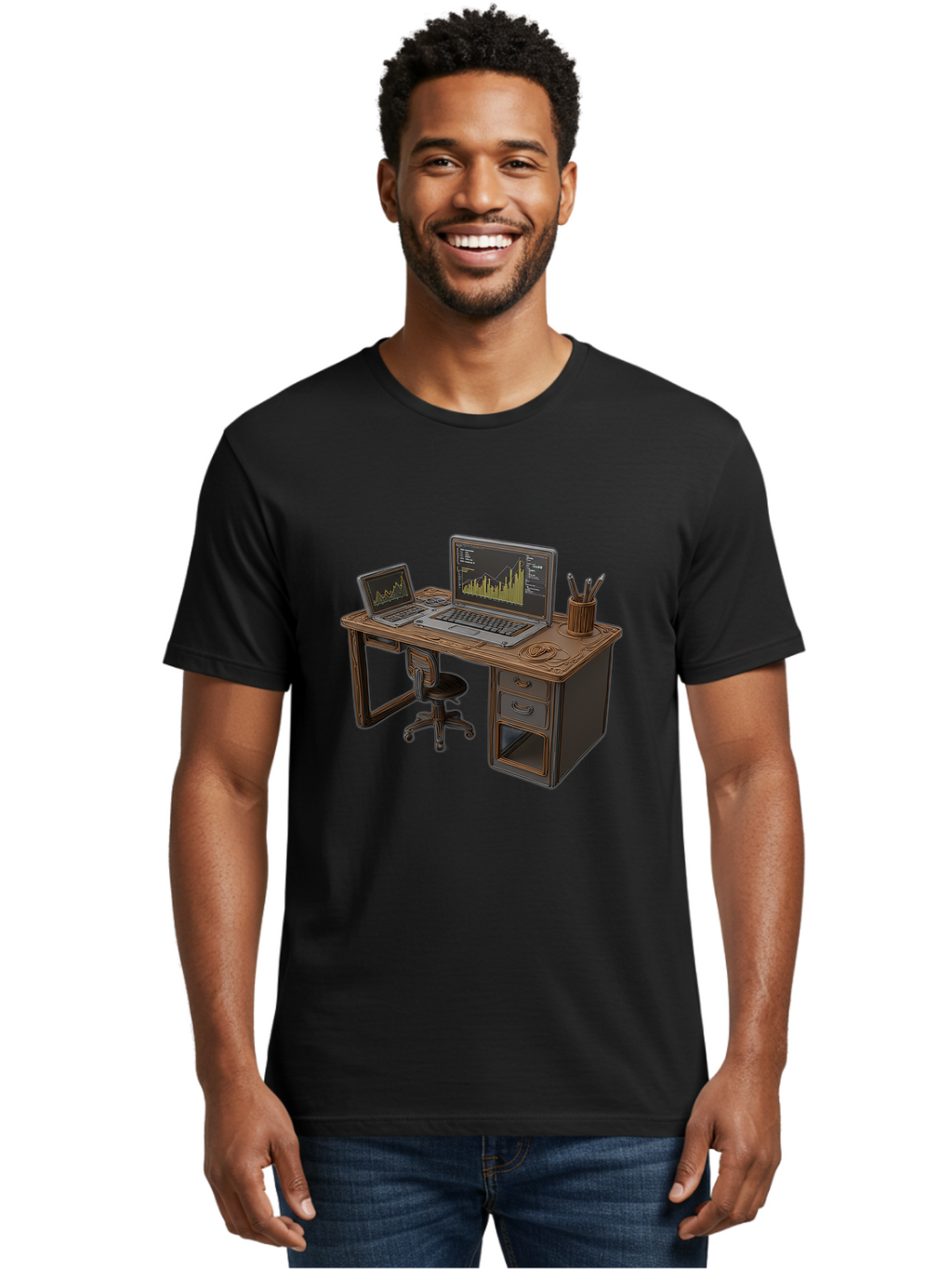 Desk-With-Laptops-And-Stationery Men'S Graphic Tee, 100% Cotton, Comfortable Casual Summer Wear, Machine Washable, Dual Laptop Setup, Home Office, Productivity, Wooden Desk, Office Supplies, Graphs On Screens, Tech Workspace, Workflow, Baa446