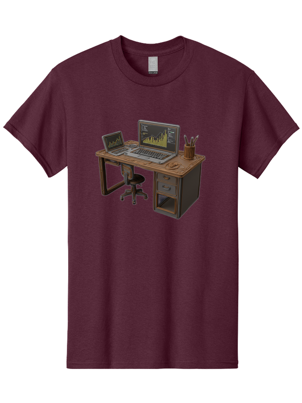 Desk-With-Laptops-And-Stationery Men'S Graphic Tee, 100% Cotton, Comfortable Casual Summer Wear, Machine Washable, Dual Laptop Setup, Home Office, Productivity, Wooden Desk, Office Supplies, Graphs On Screens, Tech Workspace, Workflow, Baa446