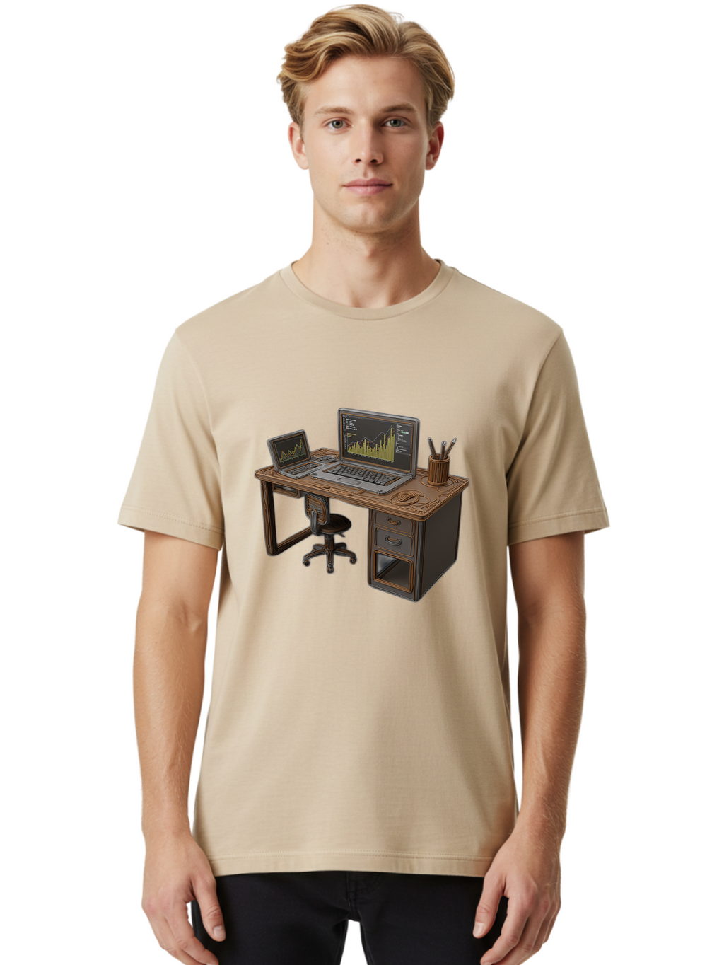 Desk-With-Laptops-And-Stationery Men'S Graphic Tee, 100% Cotton, Comfortable Casual Summer Wear, Machine Washable, Dual Laptop Setup, Home Office, Productivity, Wooden Desk, Office Supplies, Graphs On Screens, Tech Workspace, Workflow, Baa446