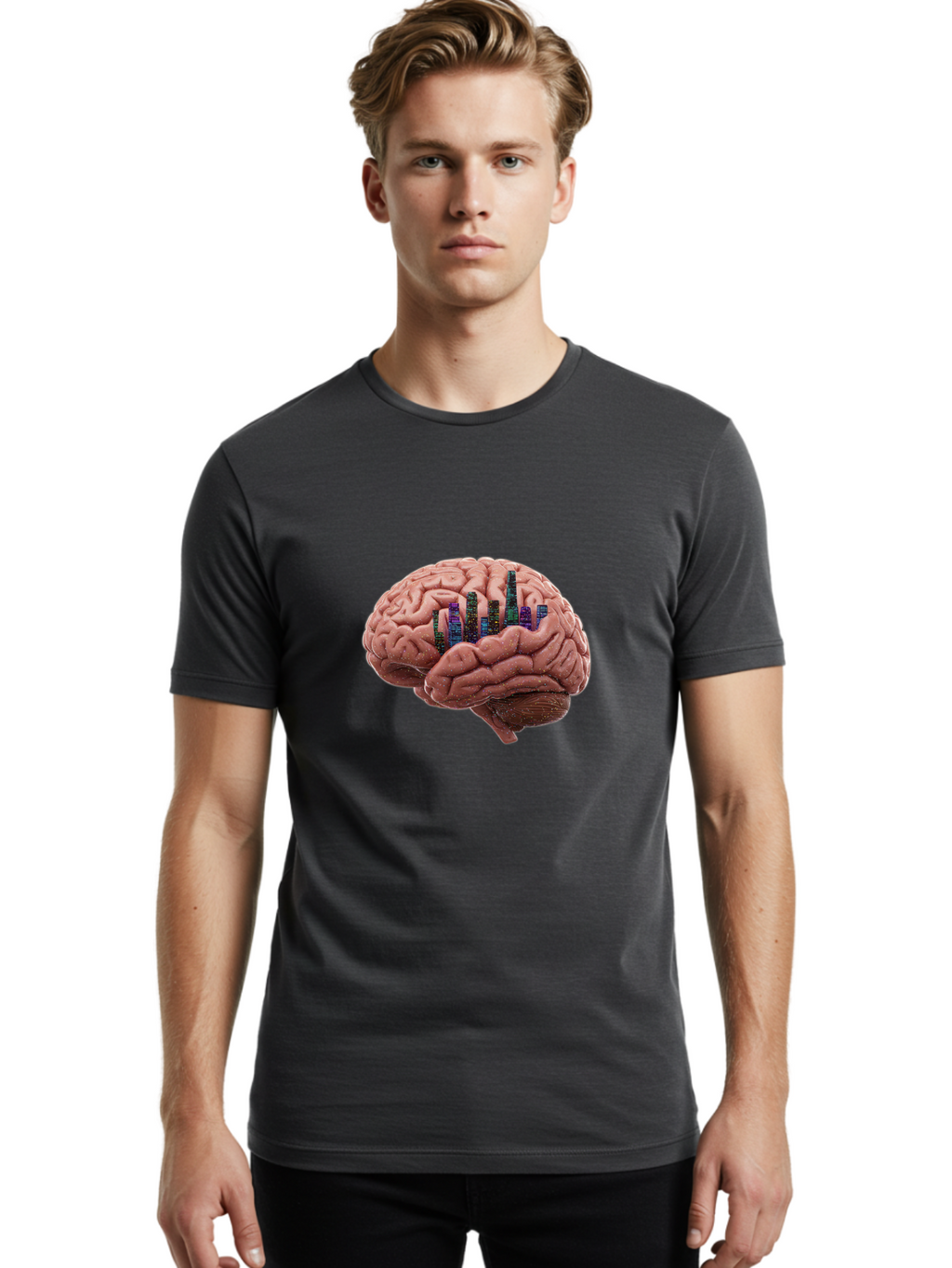 Digital-Brain Men'S Graphic Tee, 100% Cotton, Comfortable Casual Summer Wear, Machine Washable, Human Brain, 3D Barcode, Cognitive Function, Digital Representation, Neuroscience, Technology Integration, Data Encoding, Innovative Concept, Baa449