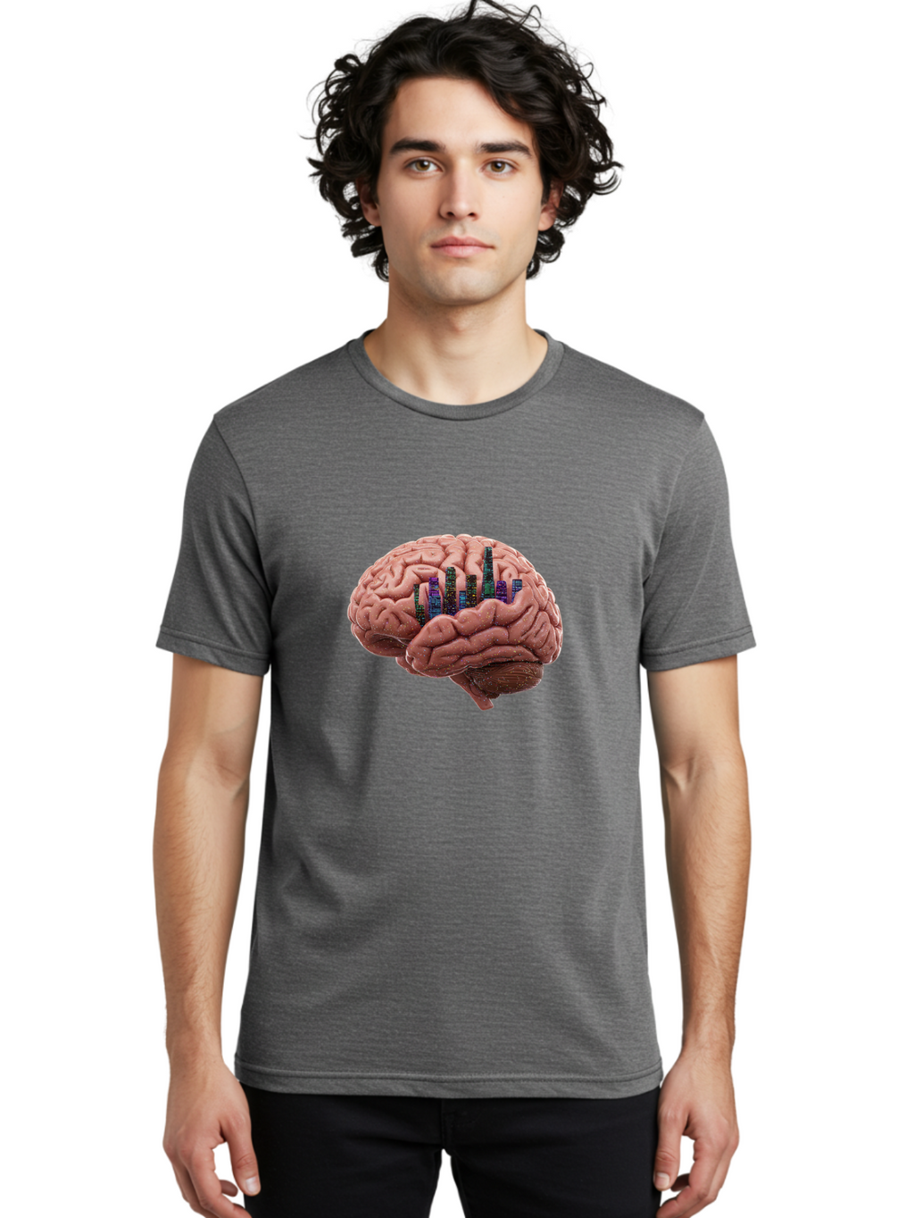 Digital-Brain Men'S Graphic Tee, 100% Cotton, Comfortable Casual Summer Wear, Machine Washable, Human Brain, 3D Barcode, Cognitive Function, Digital Representation, Neuroscience, Technology Integration, Data Encoding, Innovative Concept, Baa449