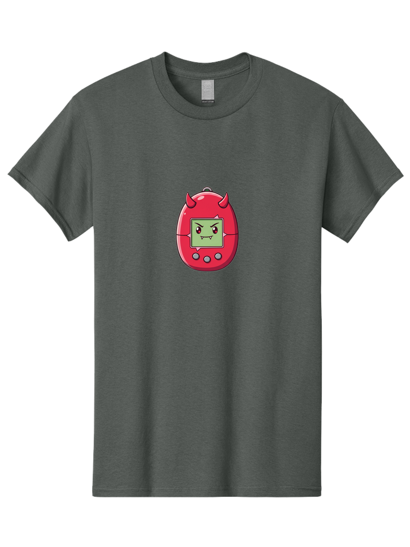 Digital-Monster Men'S Graphic Tee, 100% Cotton, Comfortable Casual Summer Wear, Machine Washable, Retro Digital Pet, Tamagotchi Toy, Cartoon Character, Devil Horns, Angry Face, Red And Green Colors, Nostalgic Gaming, Childhood Memories, Baa450