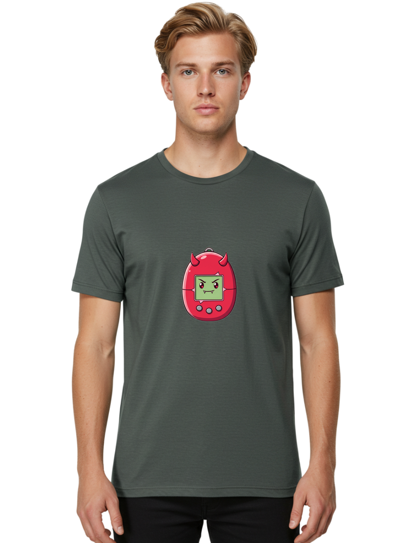 Digital-Monster Men'S Graphic Tee, 100% Cotton, Comfortable Casual Summer Wear, Machine Washable, Retro Digital Pet, Tamagotchi Toy, Cartoon Character, Devil Horns, Angry Face, Red And Green Colors, Nostalgic Gaming, Childhood Memories, Baa450