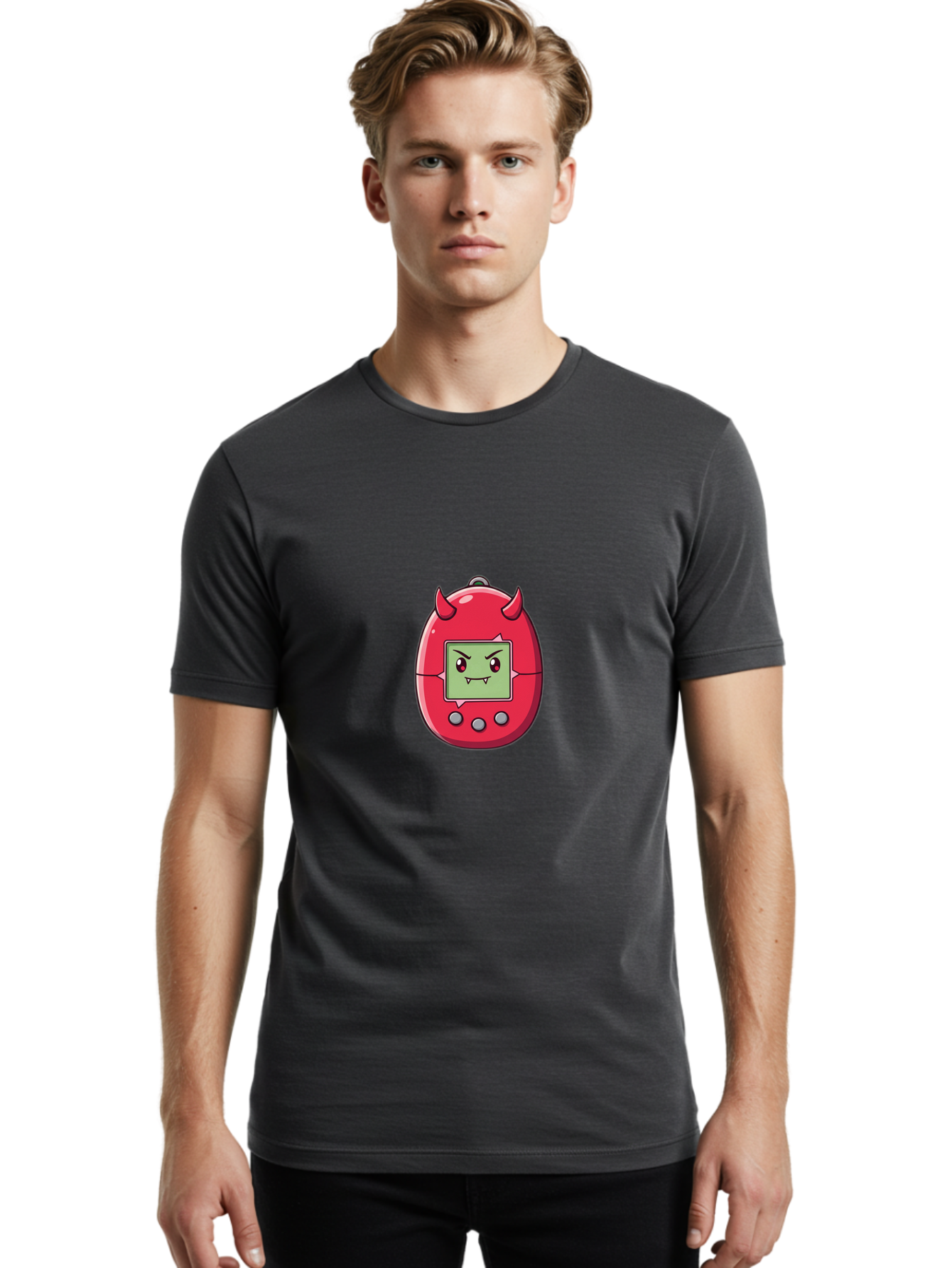 Digital-Monster Men'S Graphic Tee, 100% Cotton, Comfortable Casual Summer Wear, Machine Washable, Retro Digital Pet, Tamagotchi Toy, Cartoon Character, Devil Horns, Angry Face, Red And Green Colors, Nostalgic Gaming, Childhood Memories, Baa450