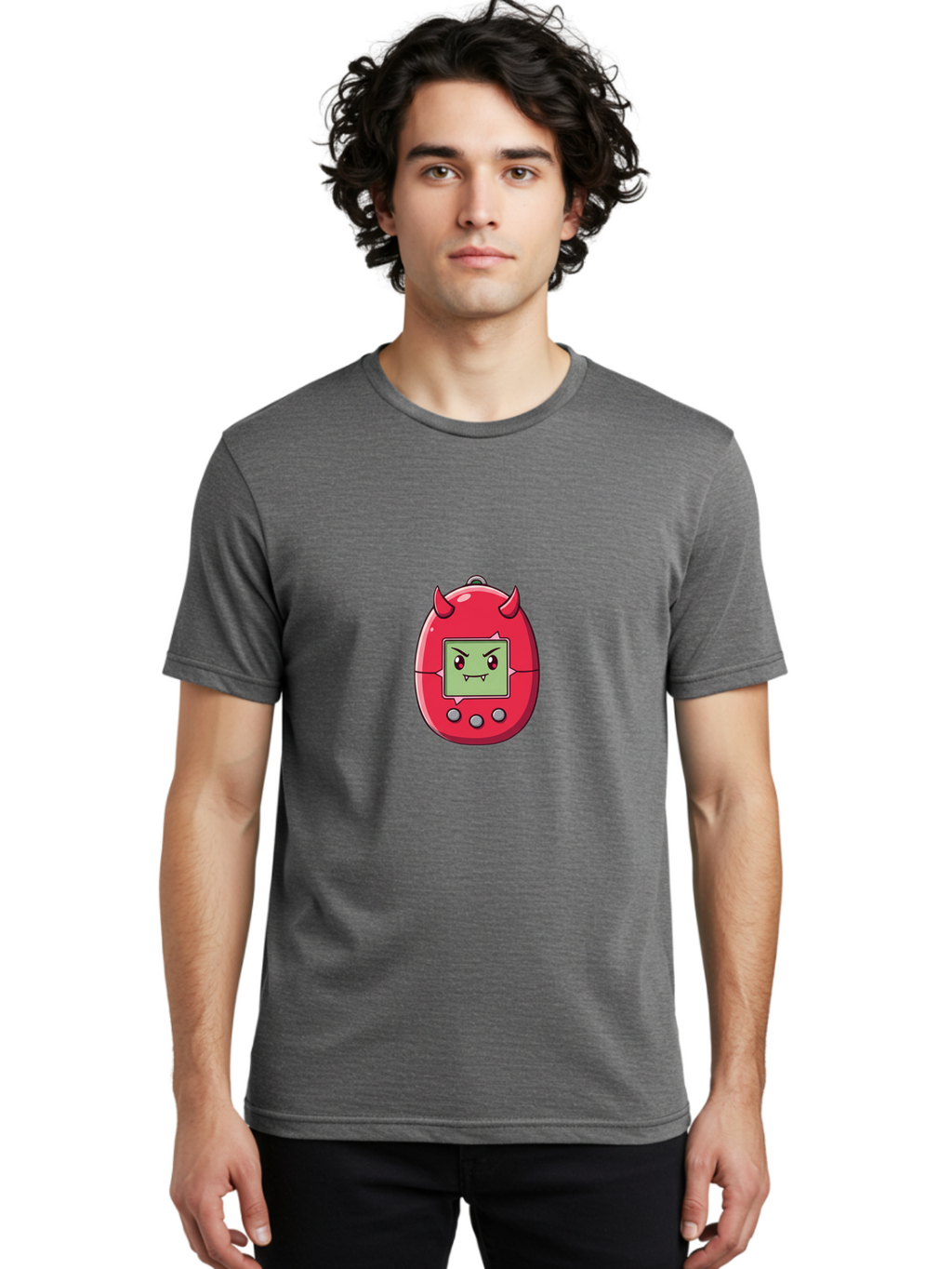 Digital-Monster Men'S Graphic Tee, 100% Cotton, Comfortable Casual Summer Wear, Machine Washable, Retro Digital Pet, Tamagotchi Toy, Cartoon Character, Devil Horns, Angry Face, Red And Green Colors, Nostalgic Gaming, Childhood Memories, Baa450