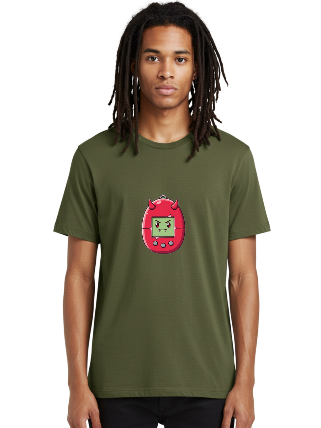 Digital-Monster Men'S Graphic Tee, 100% Cotton, Comfortable Casual Summer Wear, Machine Washable, Retro Digital Pet, Tamagotchi Toy, Cartoon Character, Devil Horns, Angry Face, Red And Green Colors, Nostalgic Gaming, Childhood Memories, Baa450