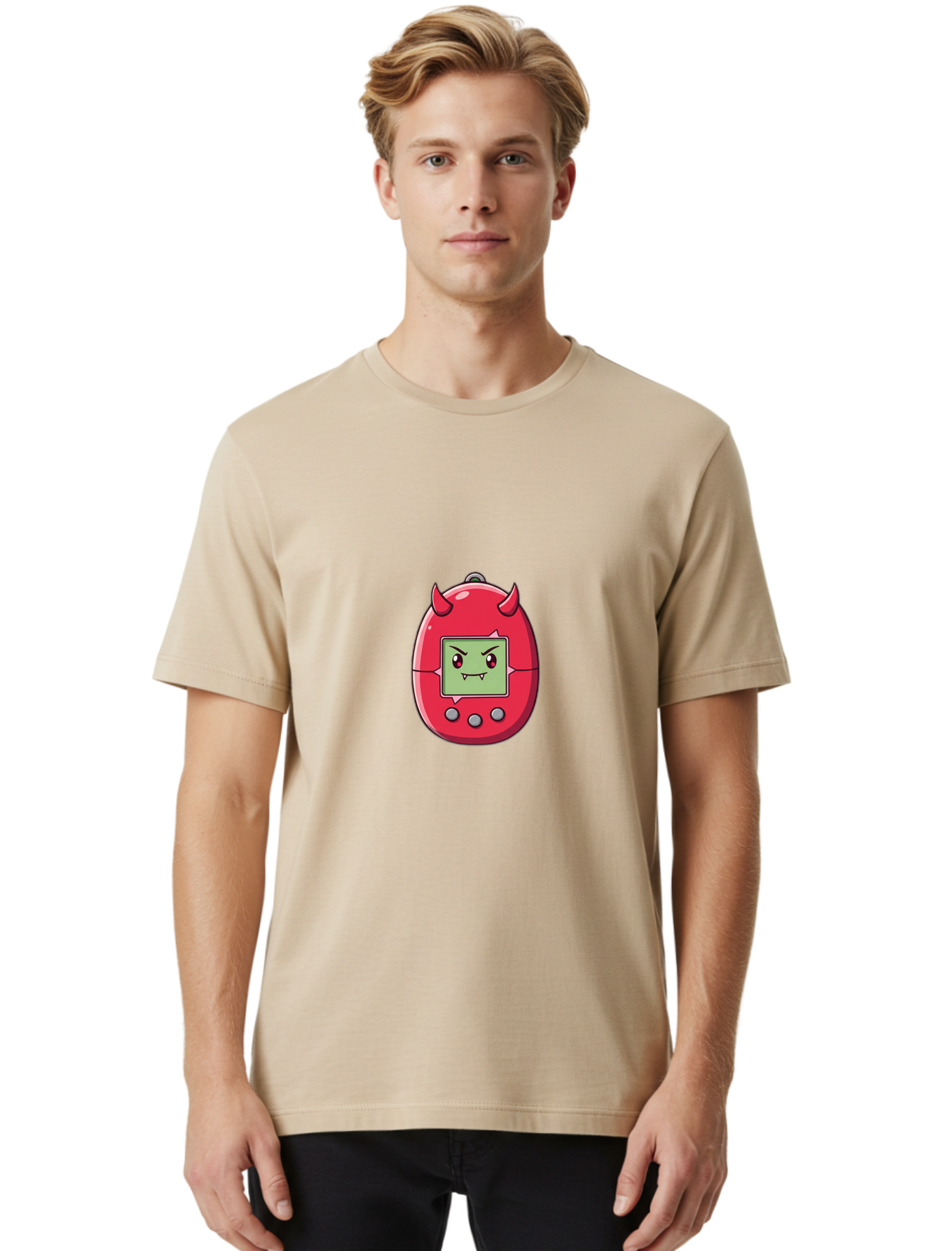 Digital-Monster Men'S Graphic Tee, 100% Cotton, Comfortable Casual Summer Wear, Machine Washable, Retro Digital Pet, Tamagotchi Toy, Cartoon Character, Devil Horns, Angry Face, Red And Green Colors, Nostalgic Gaming, Childhood Memories, Baa450