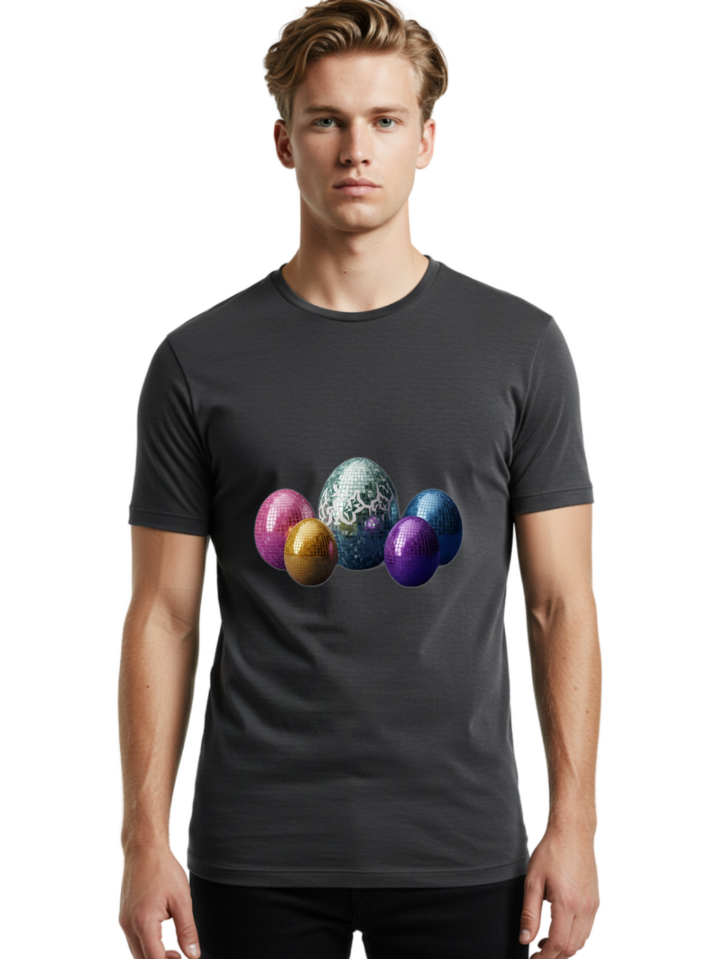 Disco-Eggs Men'S Graphic Tee, 100% Cotton, Comfortable Casual Summer Wear, Machine Washable, Disco Eggs, Mirrored Eggs, Colorful Eggs, Easter Eggs, Shiny Eggs, Festive Decoration, Party Accessories, Reflective Surfaces, Vibrant Colors, Baa452
